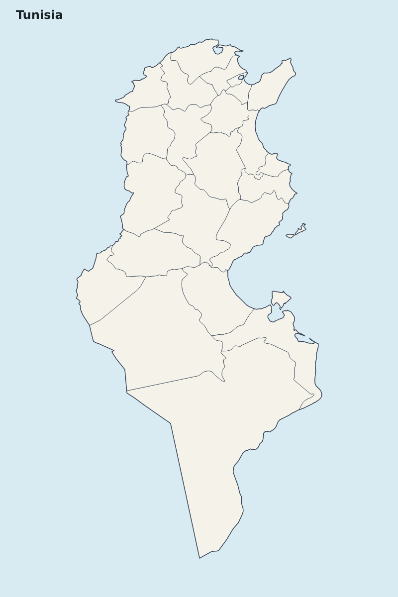 Mapa de resaltado de Tunisia con límites administrativos internos.