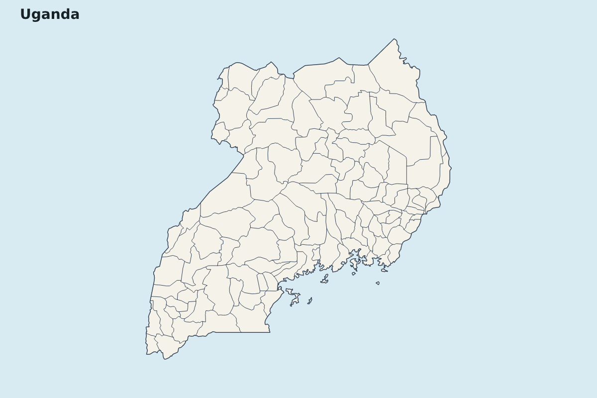 Mapa de resaltado de Uganda con límites administrativos internos.