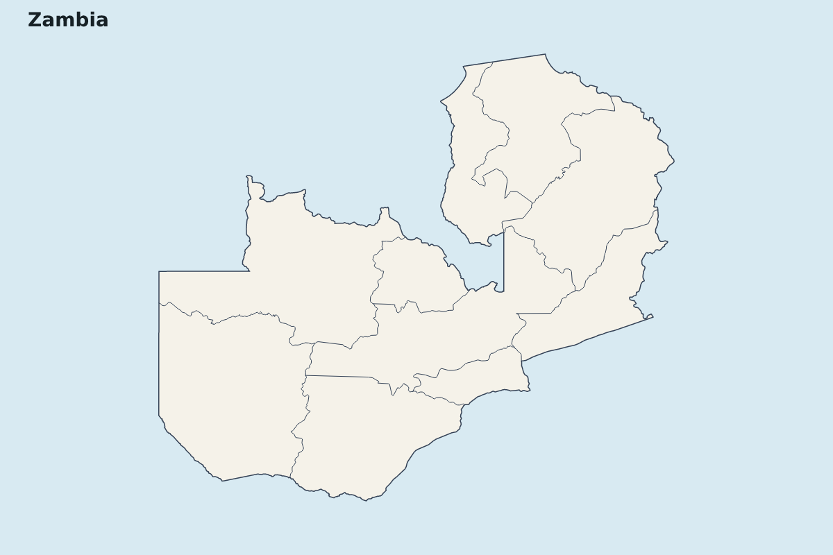 Mapa de resaltado de Zambia con límites administrativos internos.
