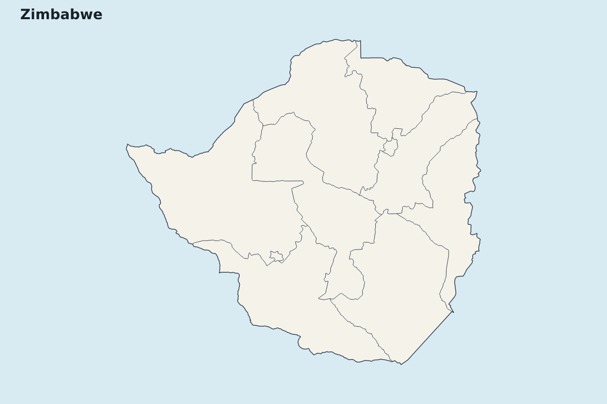 Mapa de resaltado de Zimbabwe con límites administrativos internos.