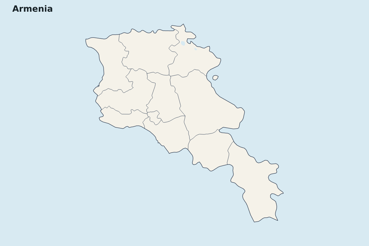 Mapa de resaltado de Armenia con límites administrativos internos.