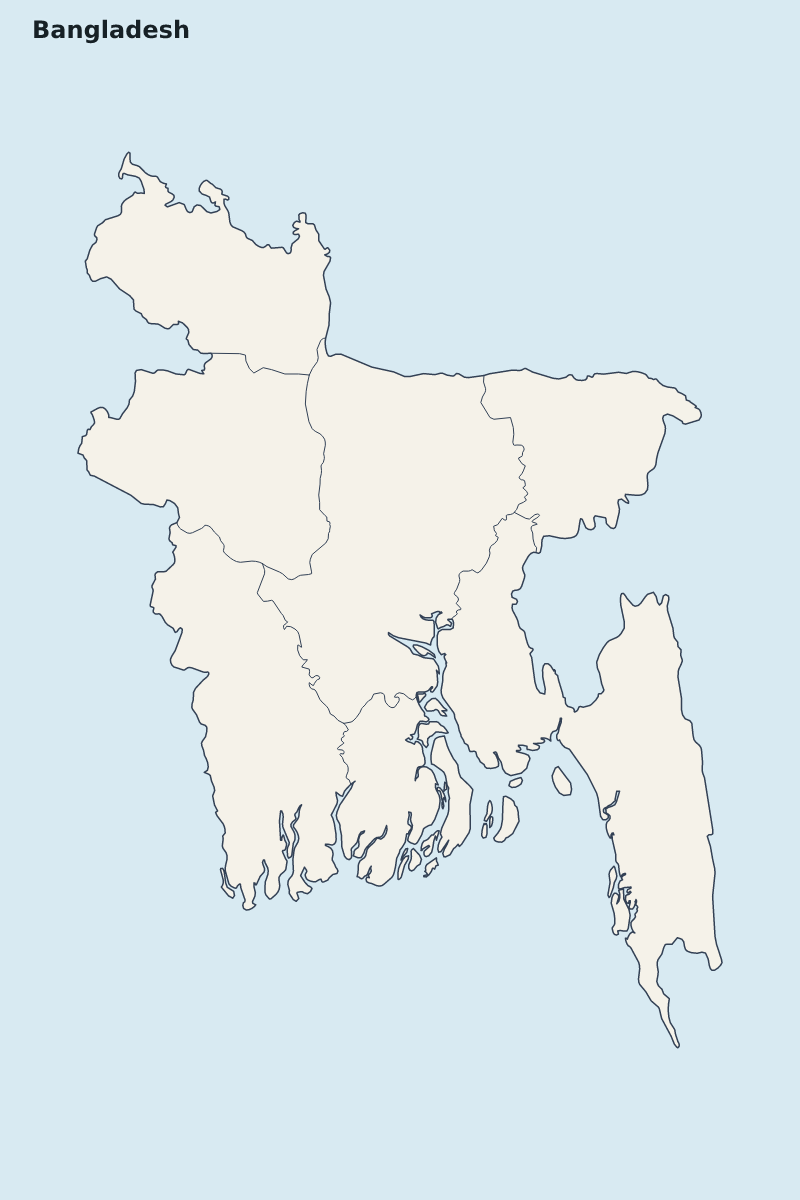 Mapa de resaltado de Bangladesh con límites administrativos internos.