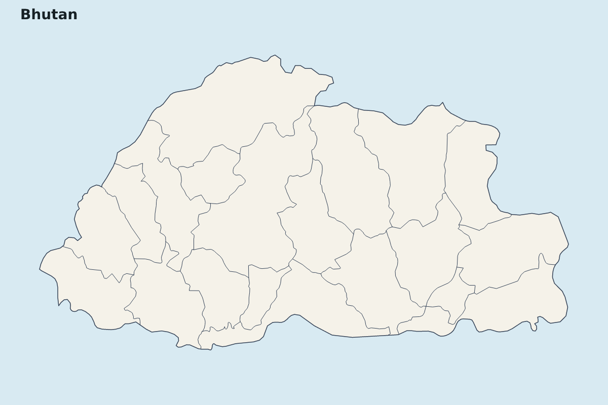 Mapa de resaltado de Bhutan con límites administrativos internos.
