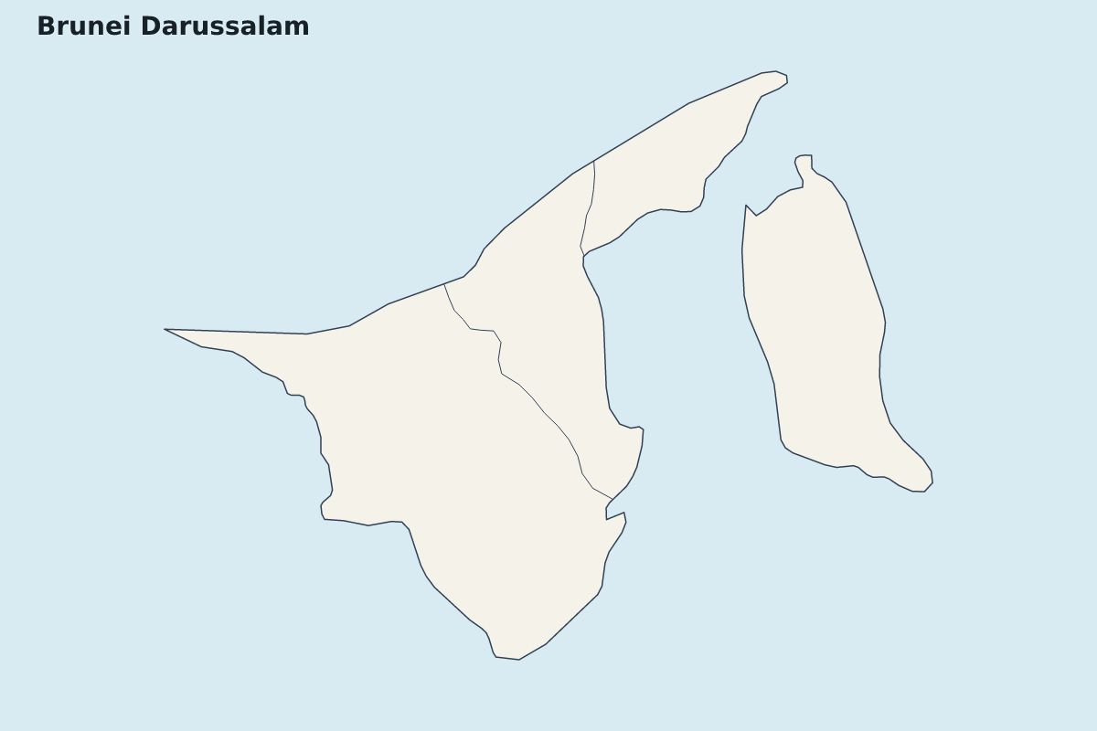 Mapa de resaltado de Brunei Darussalam con límites administrativos internos.