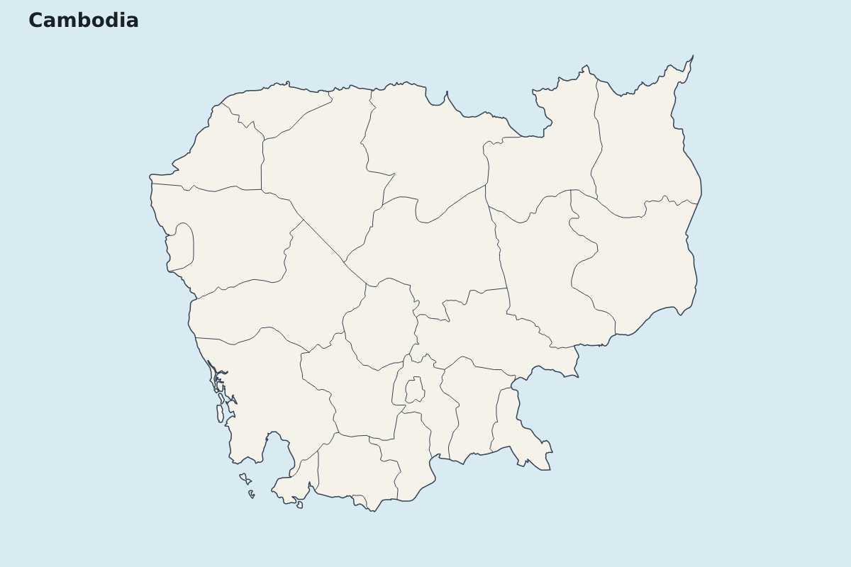 Mapa de resaltado de Cambodia con límites administrativos internos.