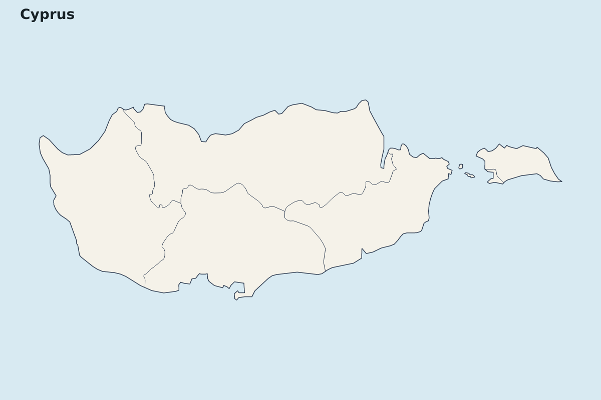 Mapa de resaltado de Cyprus con límites administrativos internos.