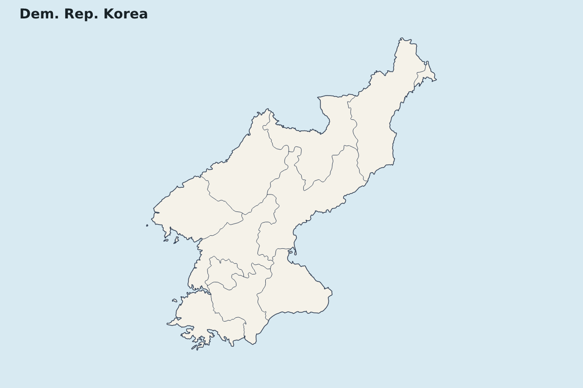 Mapa de resaltado de Dem. Rep. Korea con límites administrativos internos.