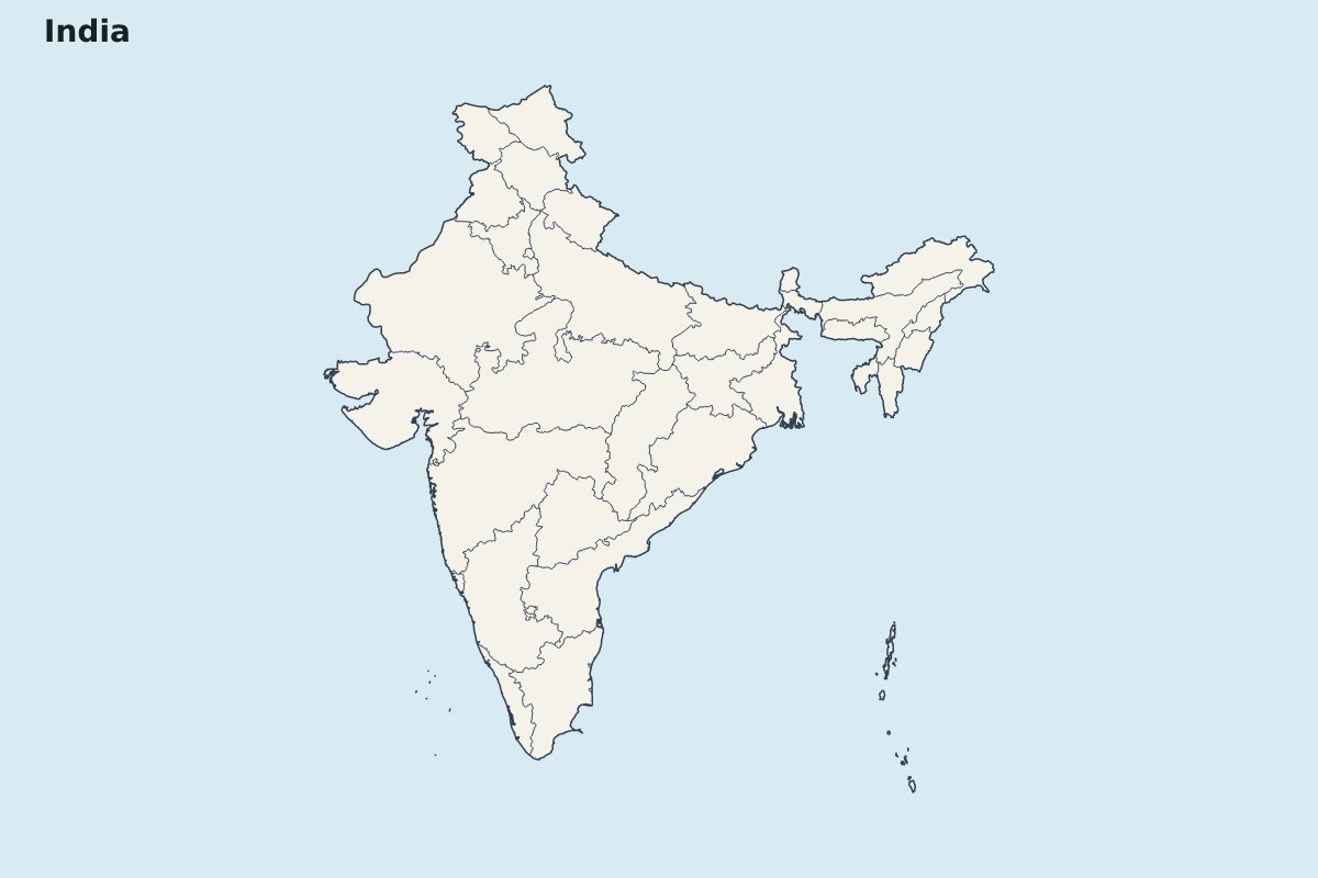 Mapa de resaltado de India con límites administrativos internos.