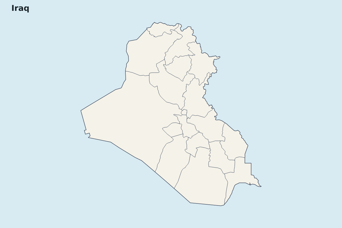 Mapa de resaltado de Iraq con límites administrativos internos.