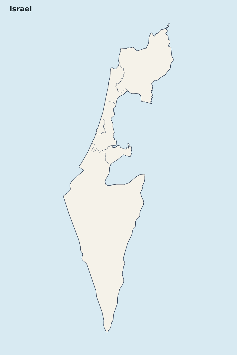 Mapa de resaltado de Israel con límites administrativos internos.