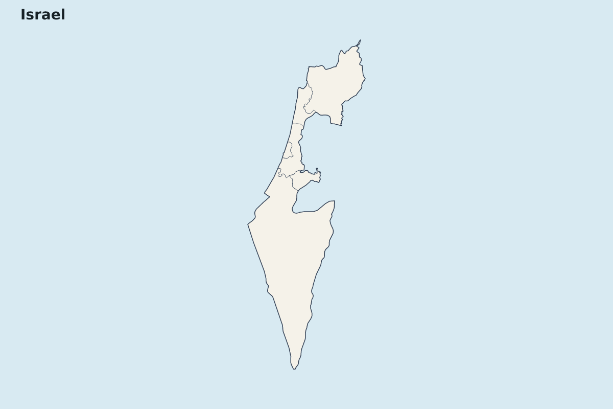 Mapa de resaltado de Israel con límites administrativos internos.