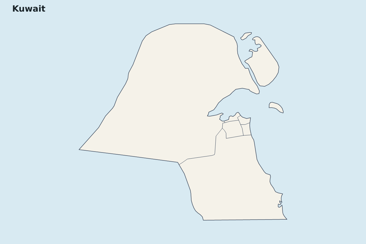 Mapa de resaltado de Kuwait con límites administrativos internos.
