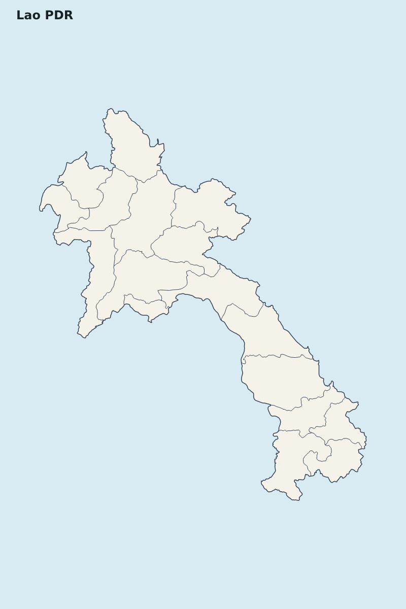 Mapa de resaltado de Lao PDR con límites administrativos internos.