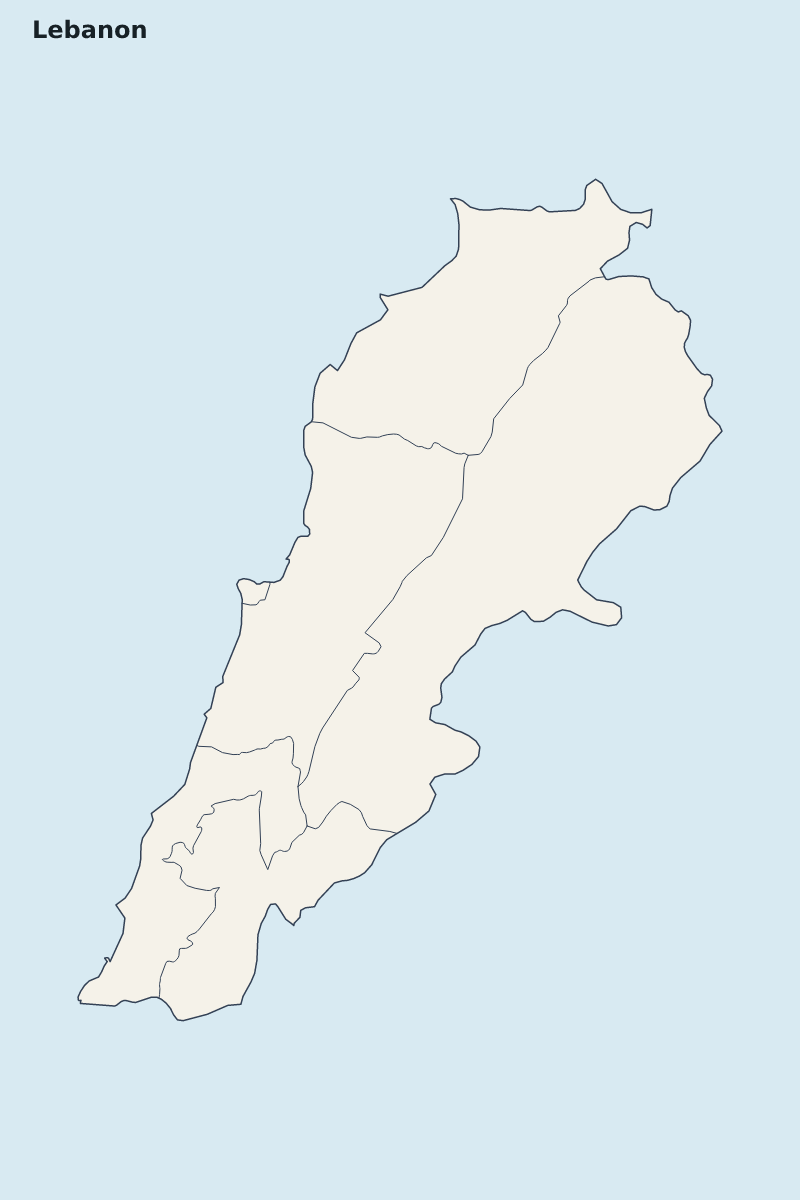 Mapa de resaltado de Lebanon con límites administrativos internos.