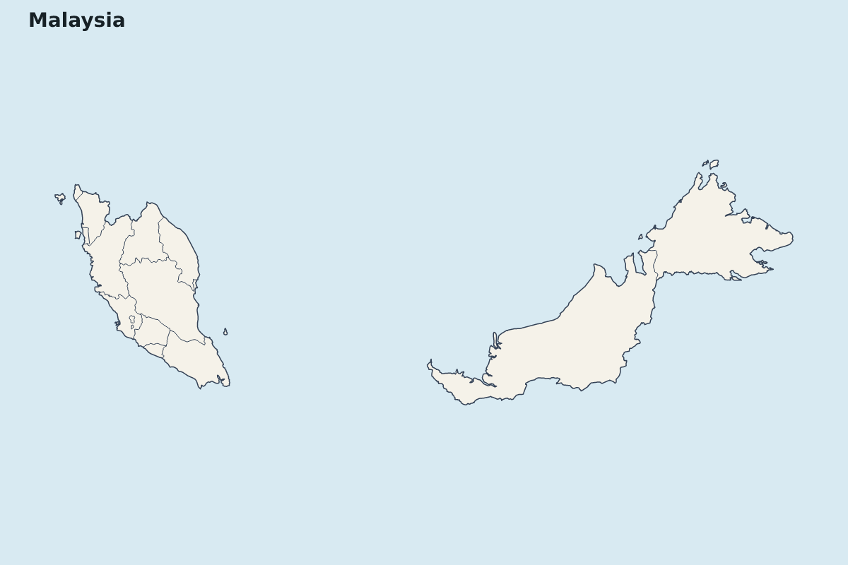 Mapa de resaltado de Malaysia con límites administrativos internos.