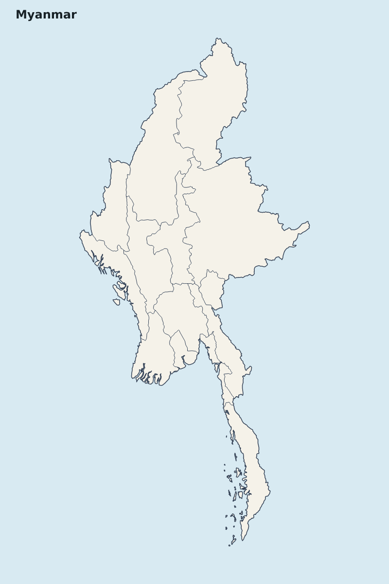 Mapa de resaltado de Myanmar con límites administrativos internos.
