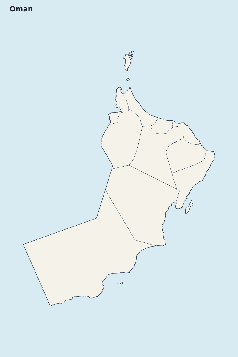 Mapa de resaltado de Oman con límites administrativos internos.