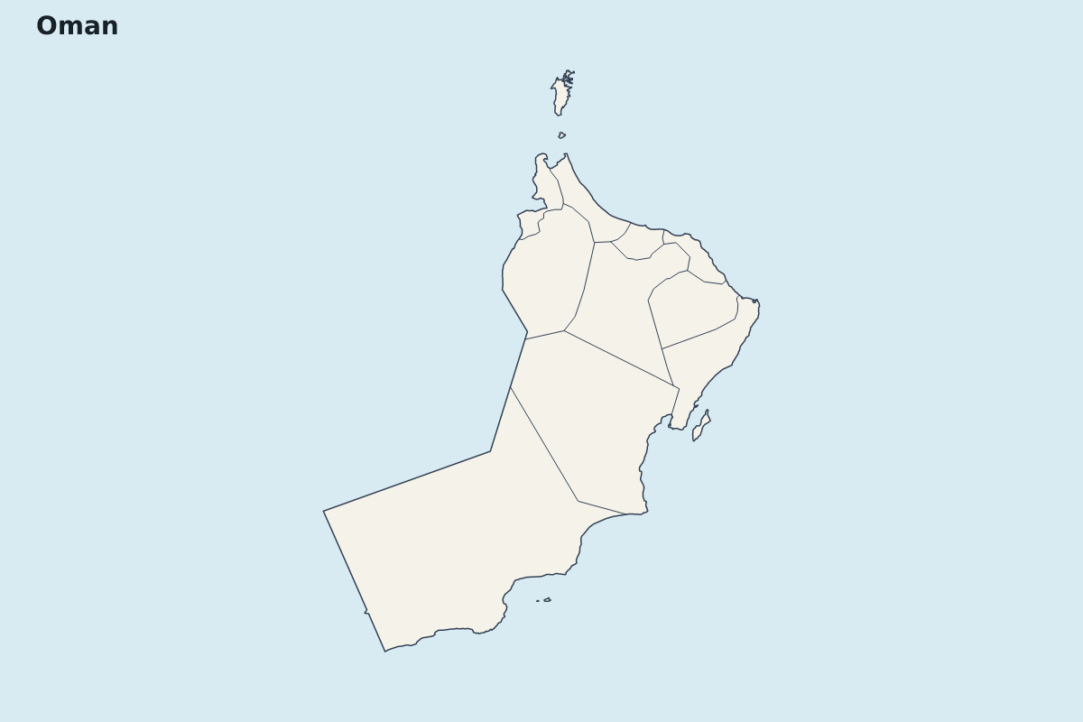 Mapa de resaltado de Oman con límites administrativos internos.