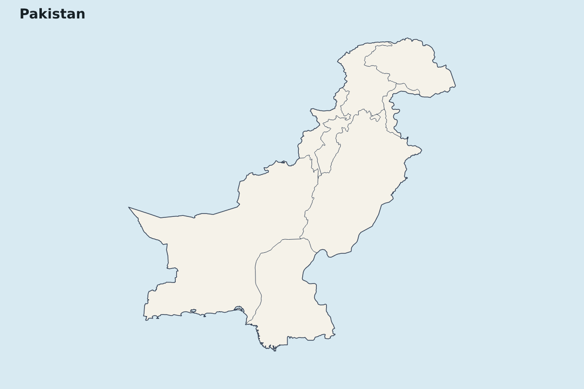 Mapa de resaltado de Pakistan con límites administrativos internos.