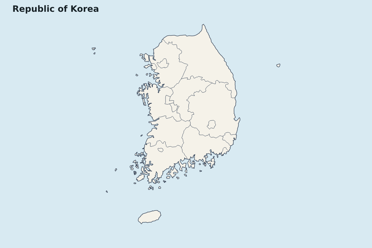 Mapa de resaltado de Republic of Korea con límites administrativos internos.