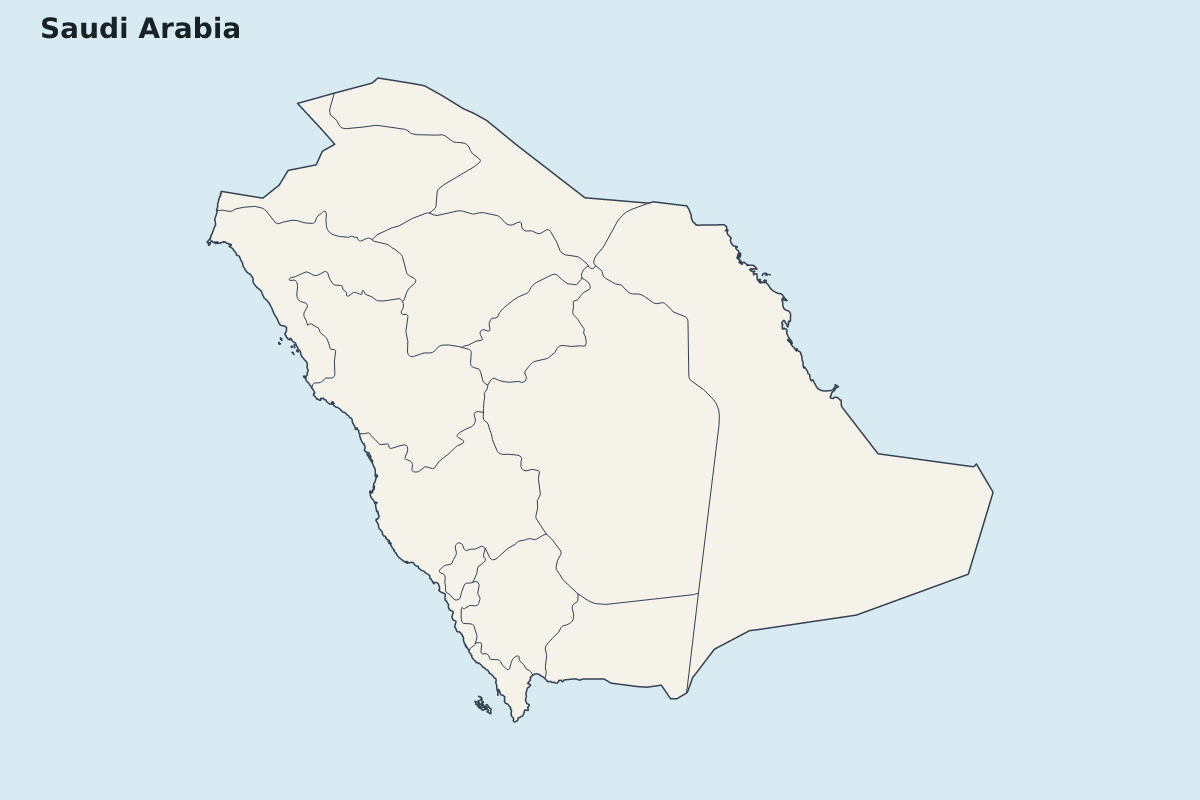 Mapa de resaltado de Saudi Arabia con límites administrativos internos.