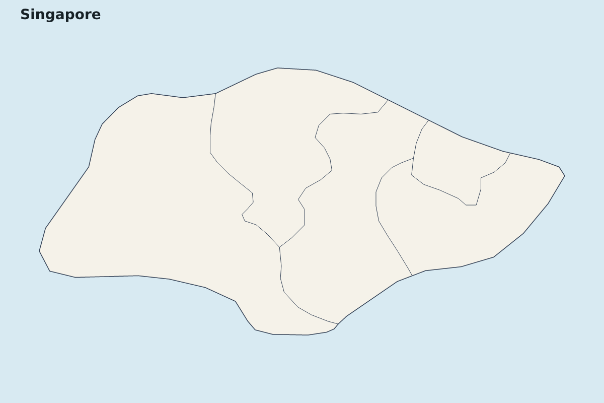 Mapa de resaltado de Singapore con límites administrativos internos.