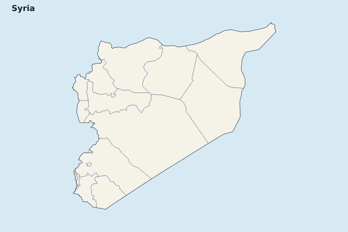 Mapa de resaltado de Syria con límites administrativos internos.