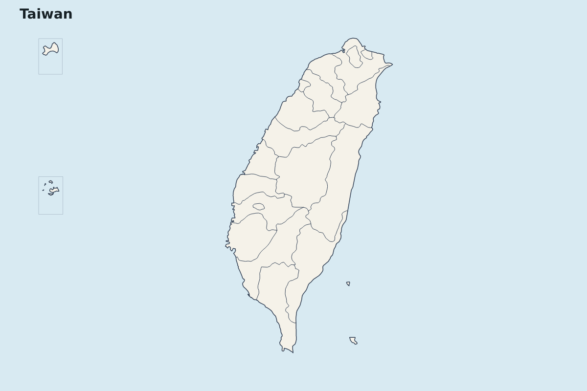Mapa de resaltado de Taiwan con límites administrativos internos.