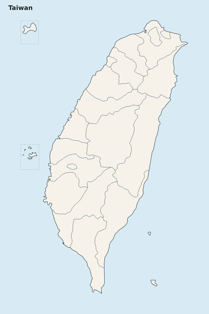 Mapa de resaltado de Taiwan con límites administrativos internos.