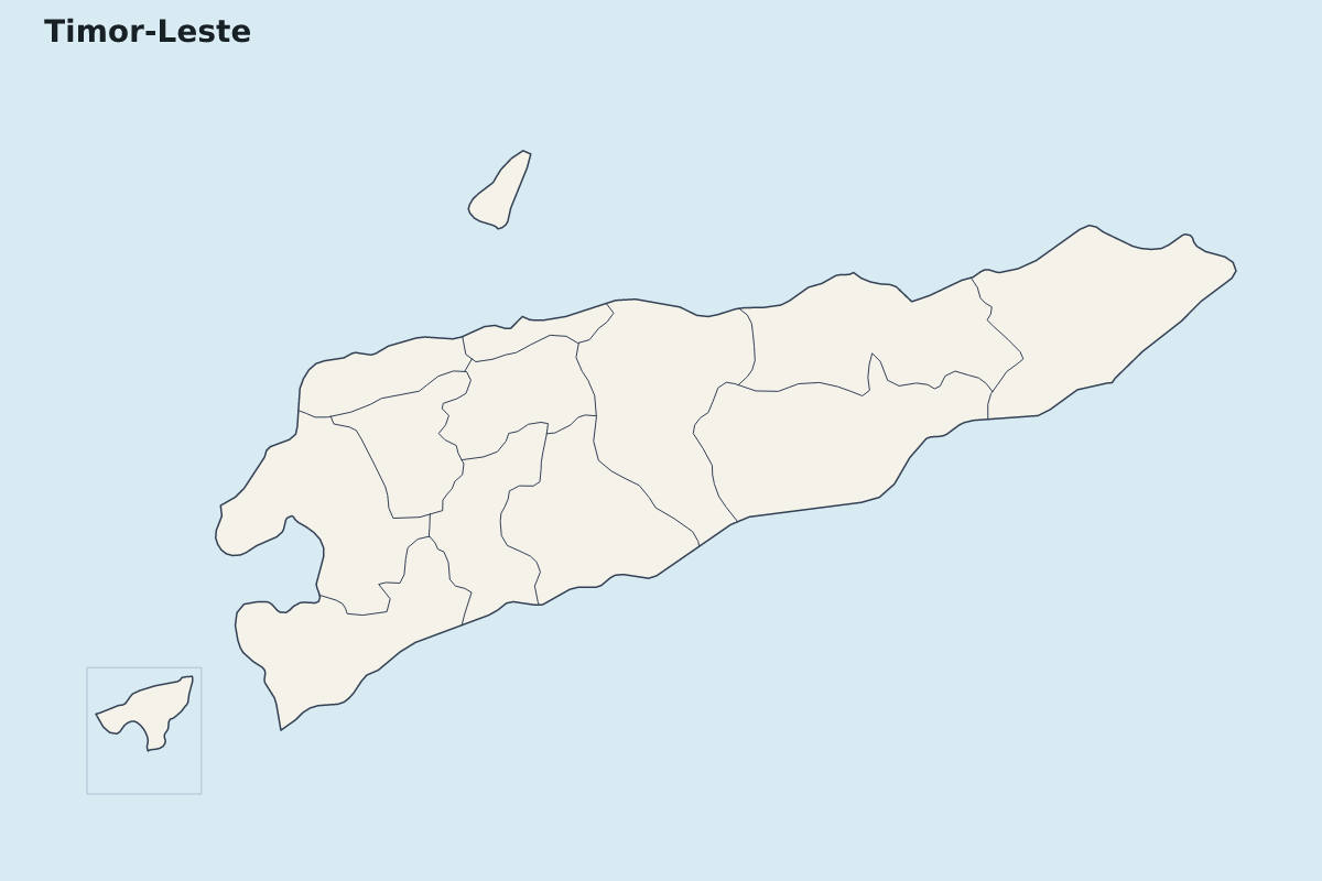 Mapa de resaltado de Timor-Leste con límites administrativos internos.