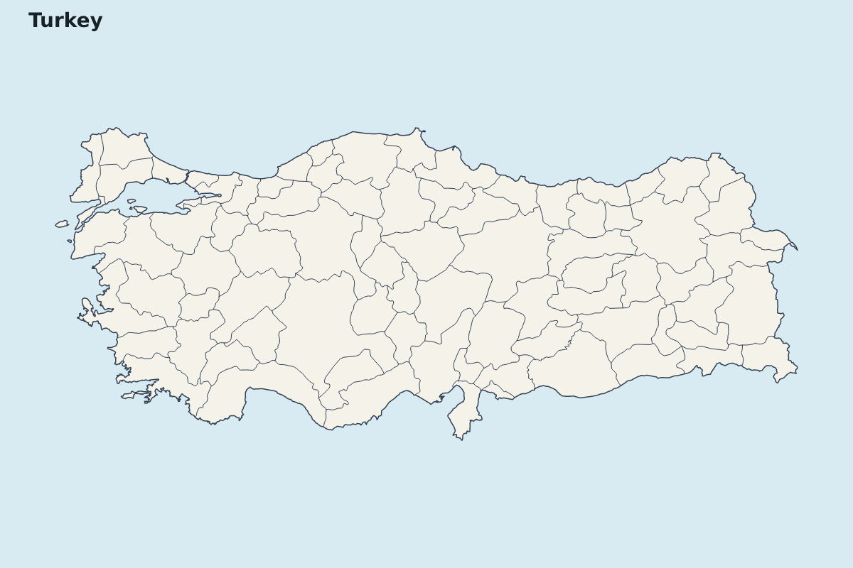 Mapa de resaltado de Turkey con límites administrativos internos.