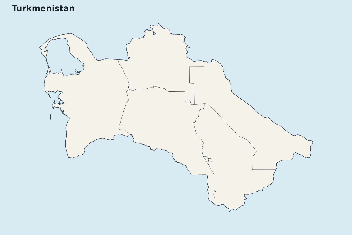 Mapa de resaltado de Turkmenistan con límites administrativos internos.