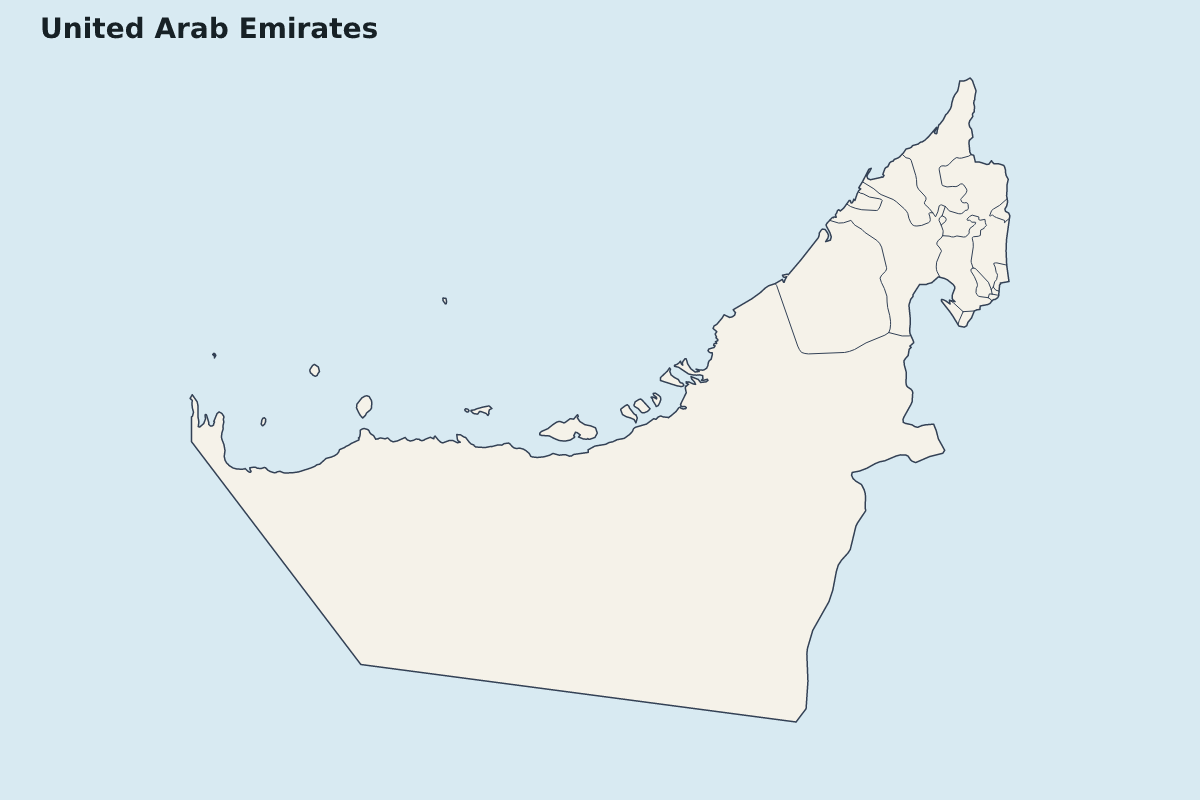 Mapa de resaltado de United Arab Emirates con límites administrativos internos.