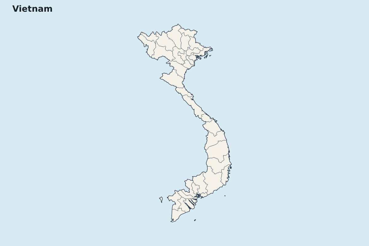 Mapa de resaltado de Vietnam con límites administrativos internos.