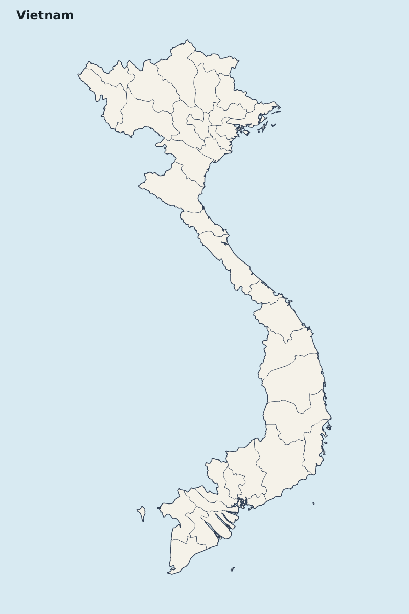 Mapa de resaltado de Vietnam con límites administrativos internos.