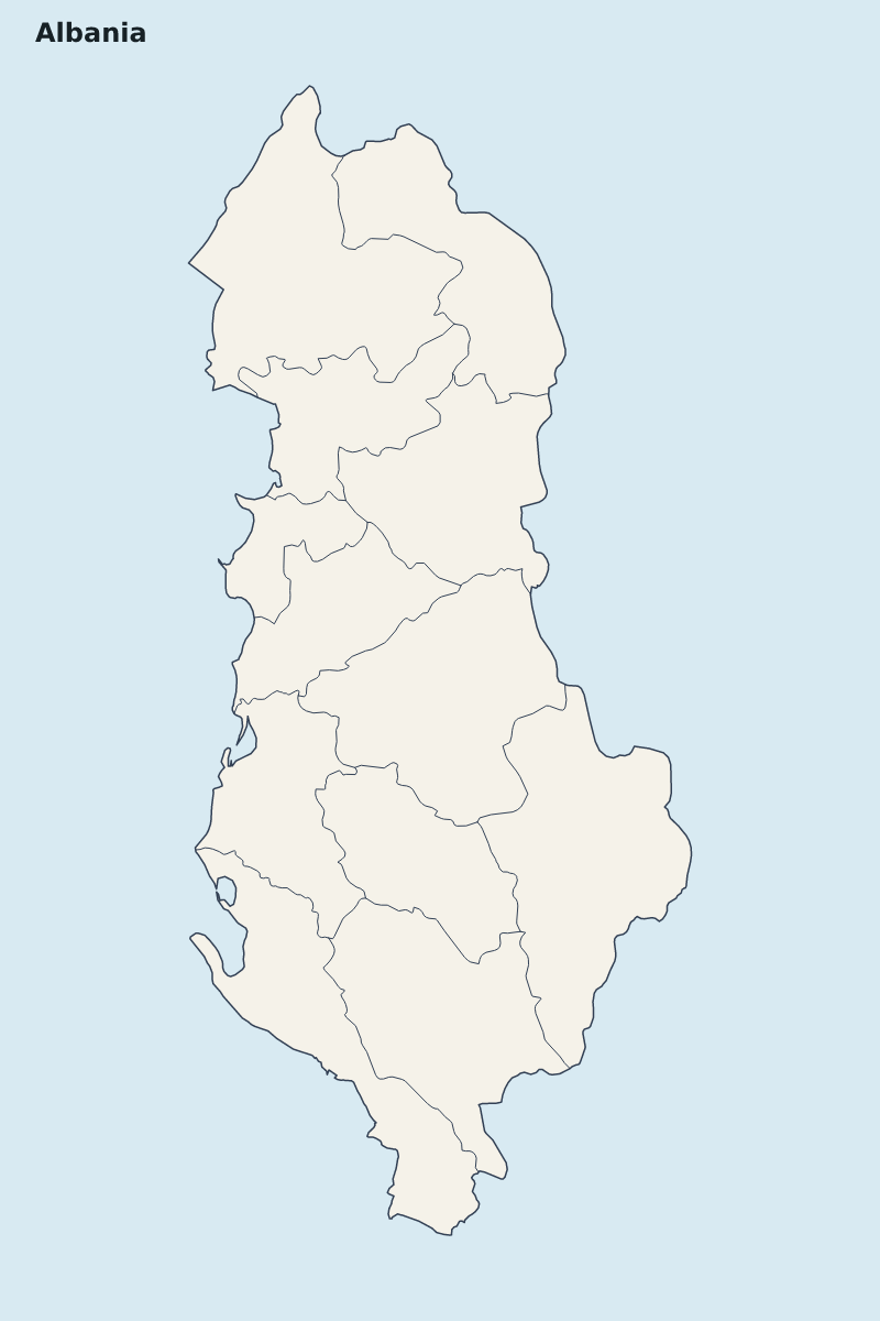 Mapa de resaltado de Albania con límites administrativos internos.