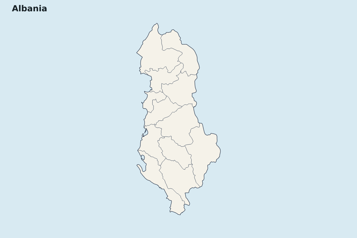 Mapa de resaltado de Albania con límites administrativos internos.