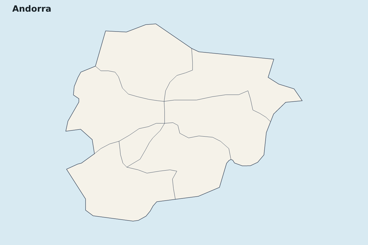 Mapa de resaltado de Andorra con límites administrativos internos.