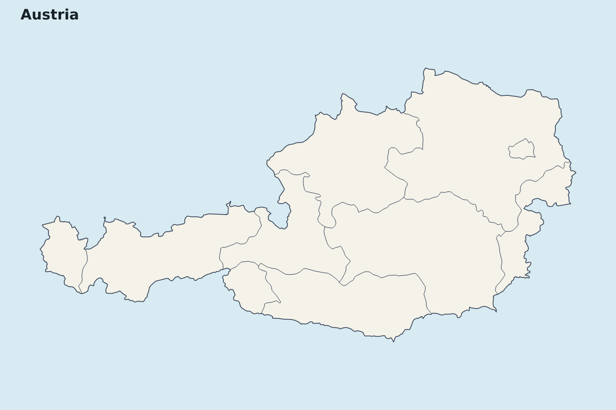 Mapa de resaltado de Austria con límites administrativos internos.