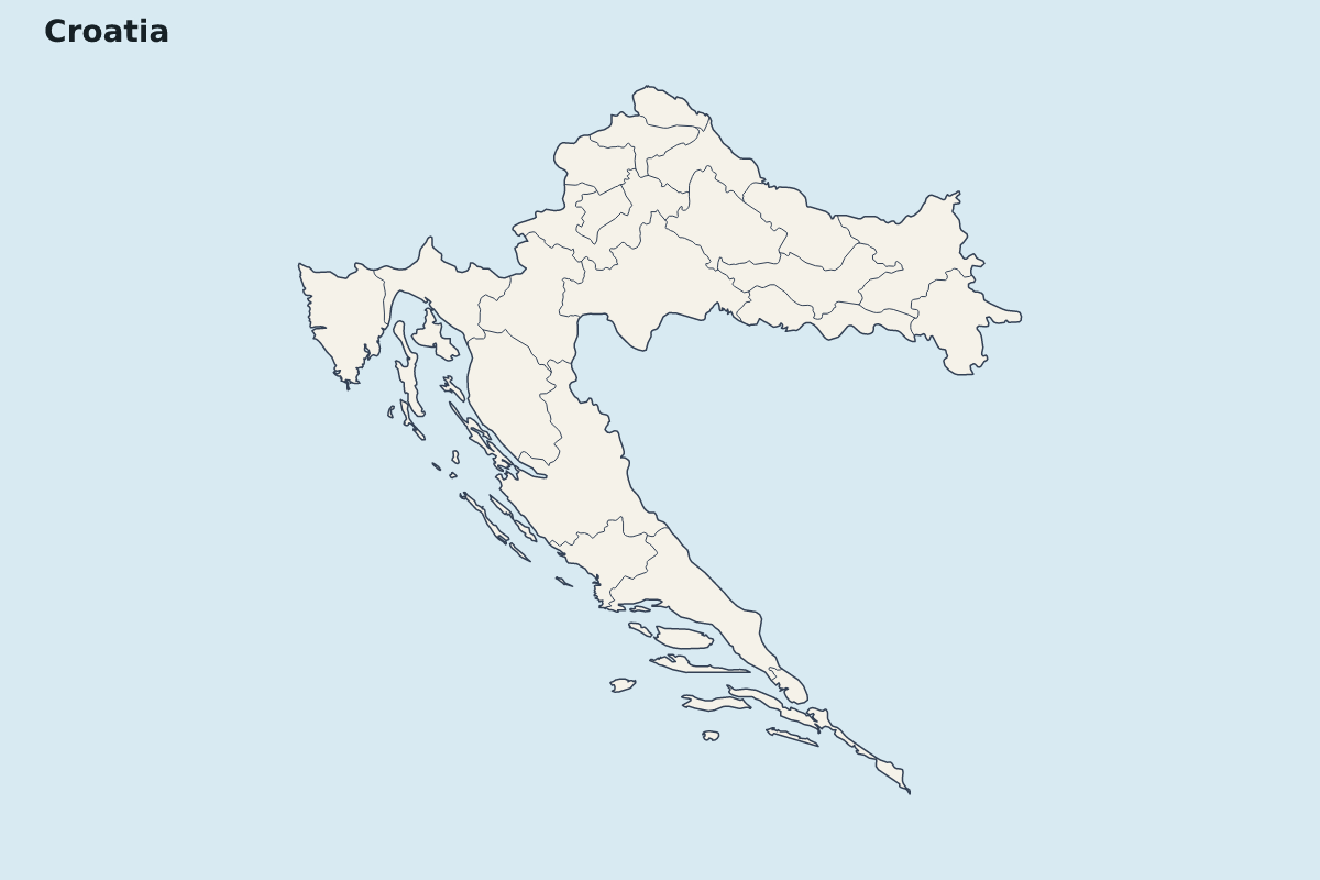 Mapa de resaltado de Croatia con límites administrativos internos.