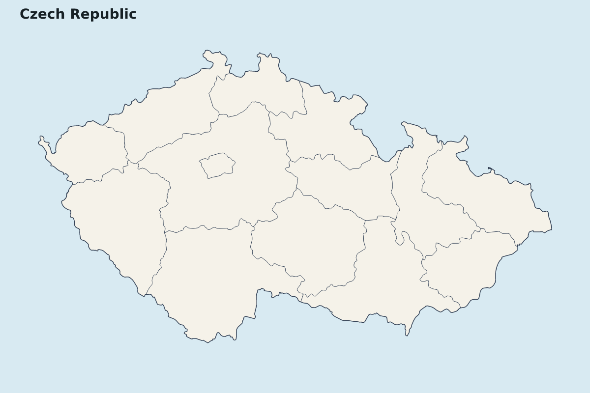 Mapa de resaltado de Czech Republic con límites administrativos internos.