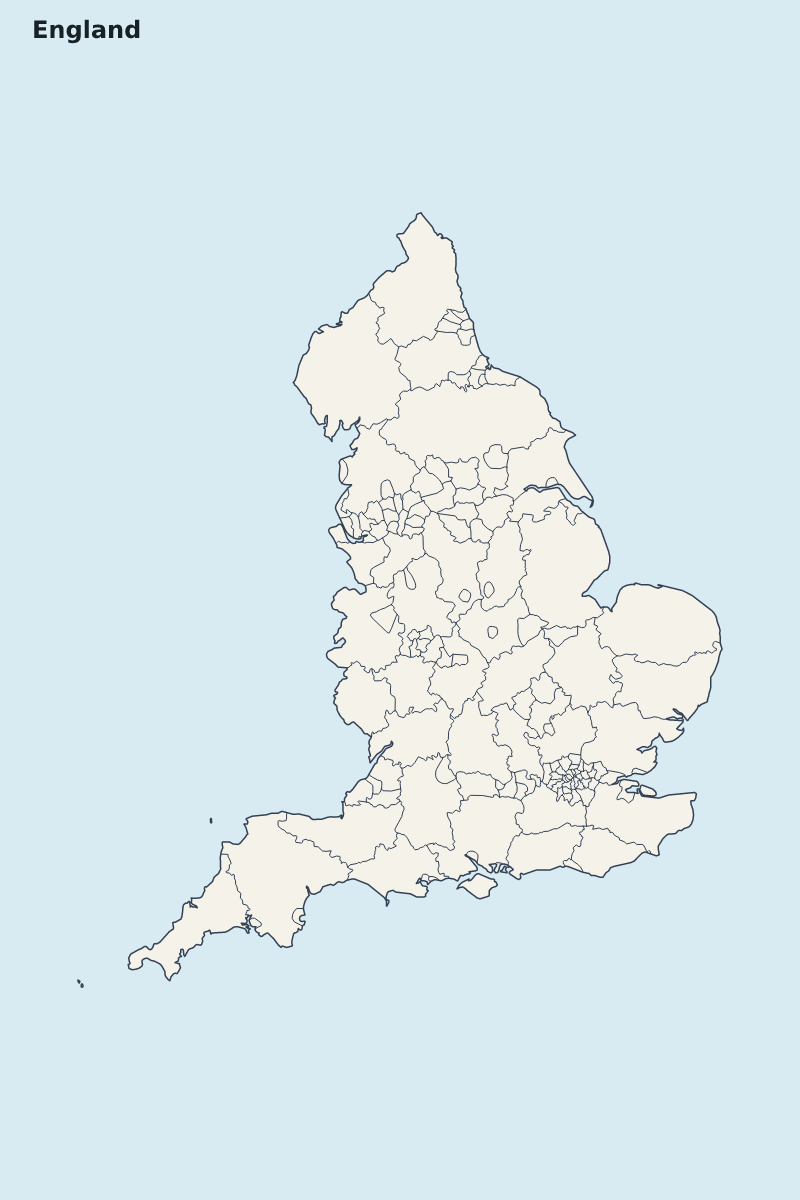 Mapa de resaltado de England con límites administrativos internos.