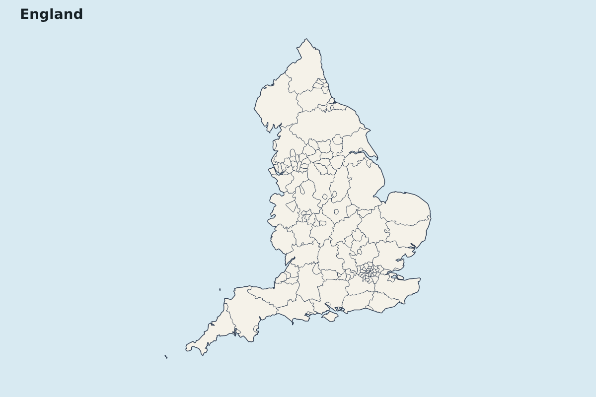 Carte de mise en évidence de England avec limites administratives internes.