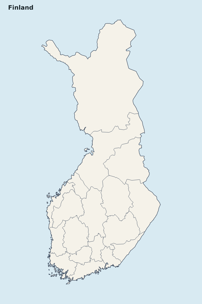 Mapa de resaltado de Finland con límites administrativos internos.