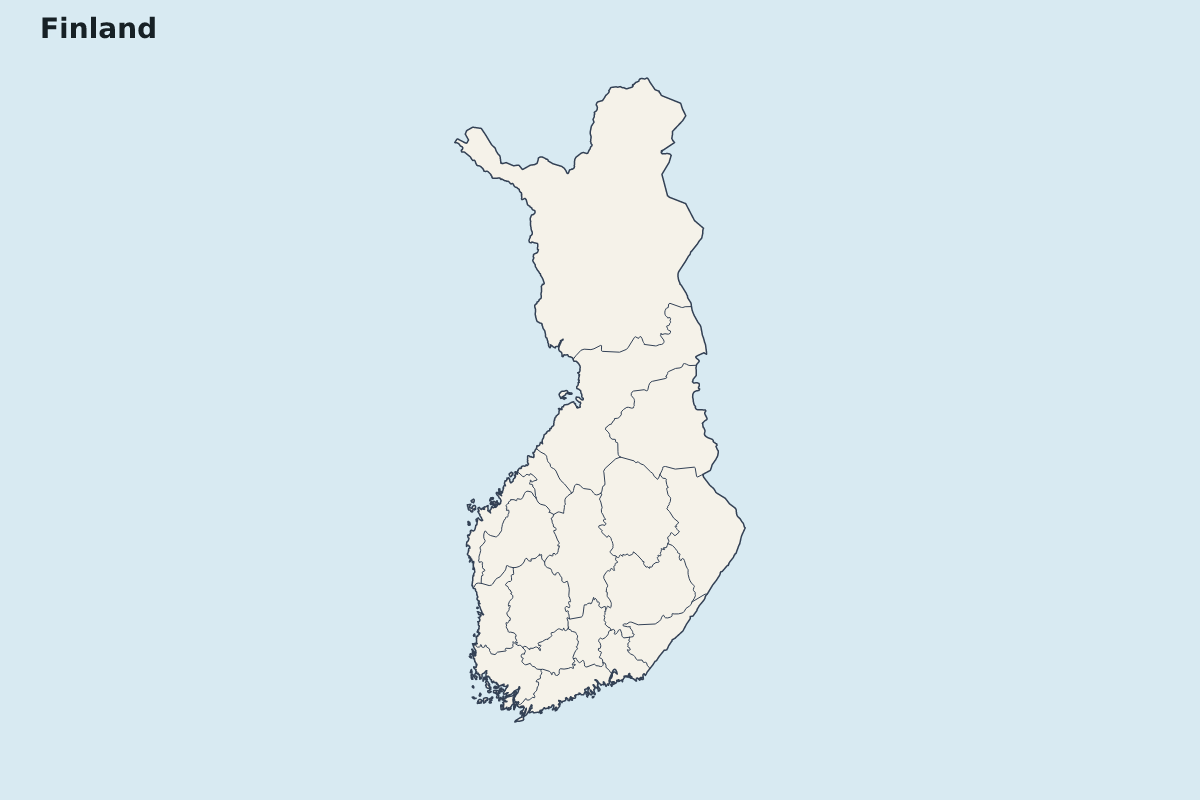 Mapa de resaltado de Finland con límites administrativos internos.