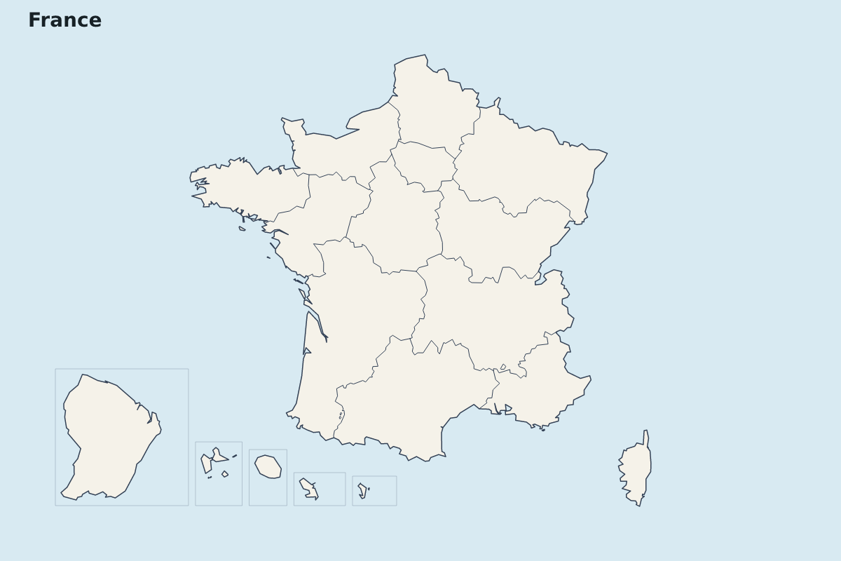 Mapa de resaltado de France con límites administrativos internos.