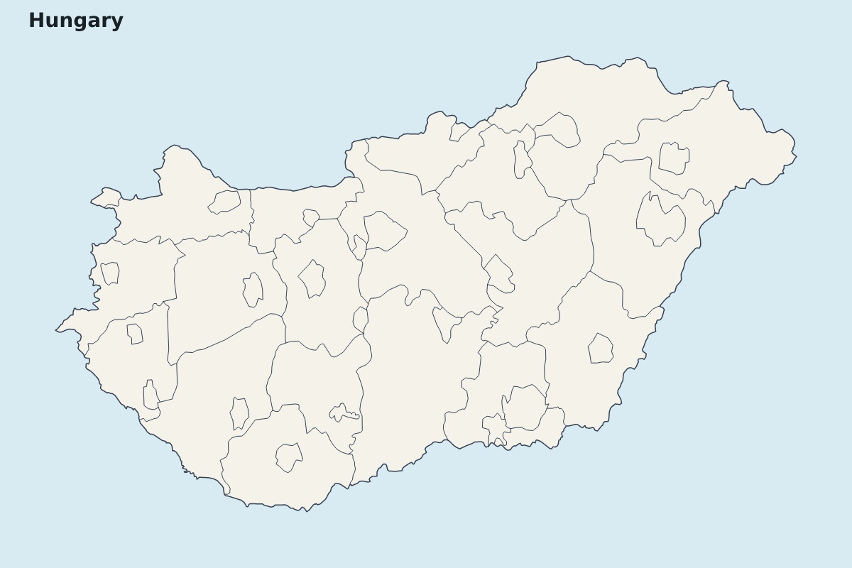 Mapa de resaltado de Hungary con límites administrativos internos.