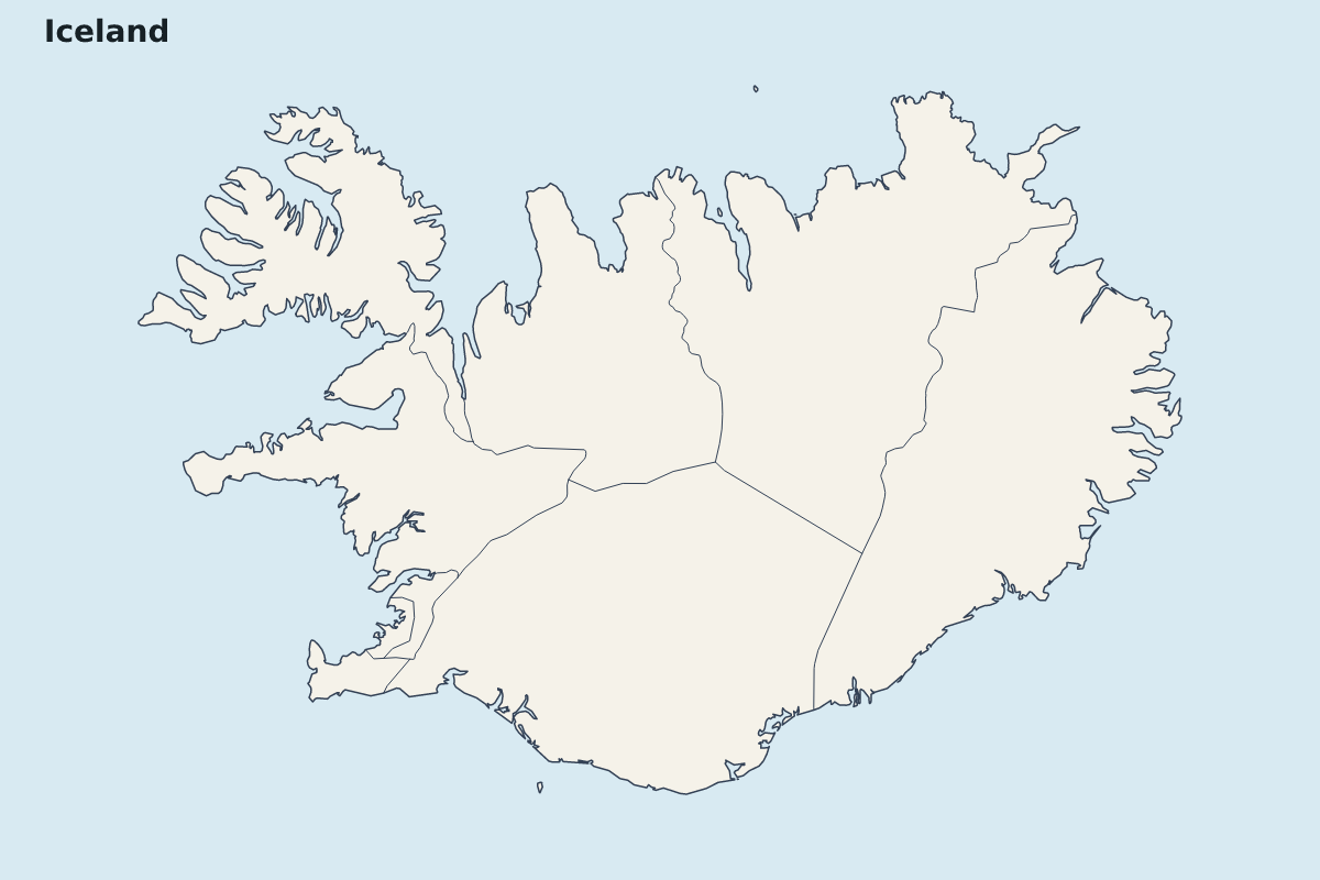 Mapa de resaltado de Iceland con límites administrativos internos.