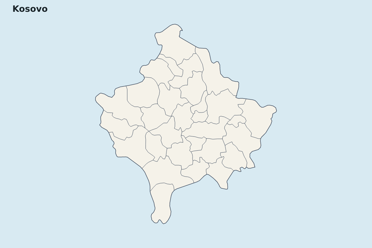 Highlight map of Kosovo with internal administrative boundaries.