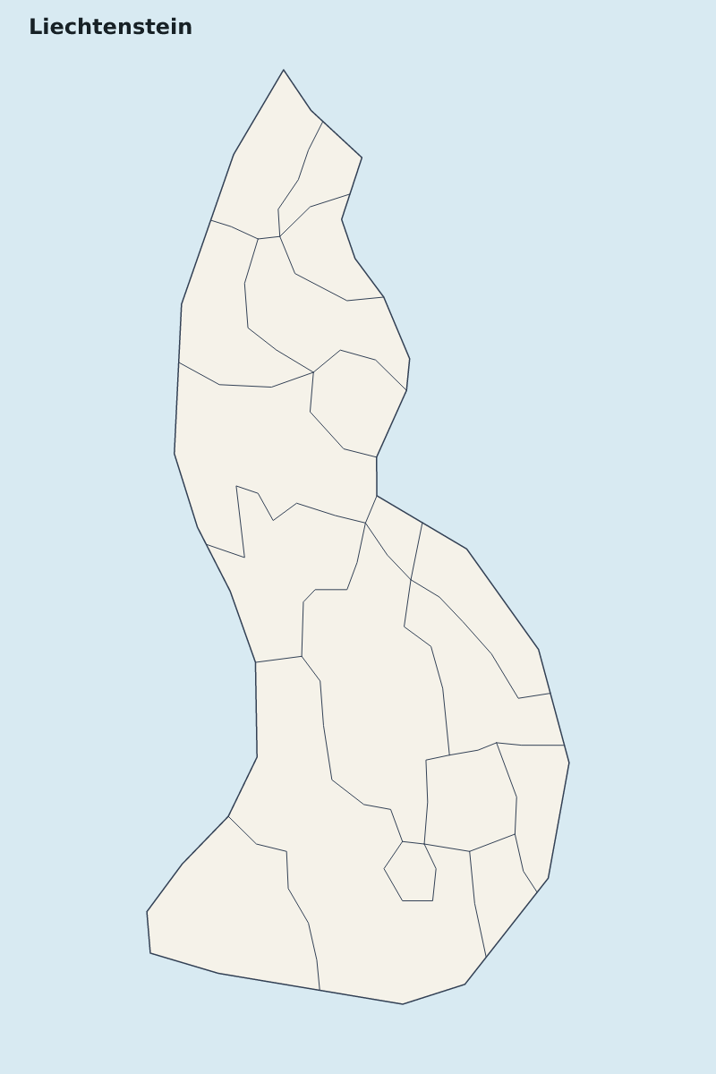Highlight map of Liechtenstein with internal administrative boundaries.